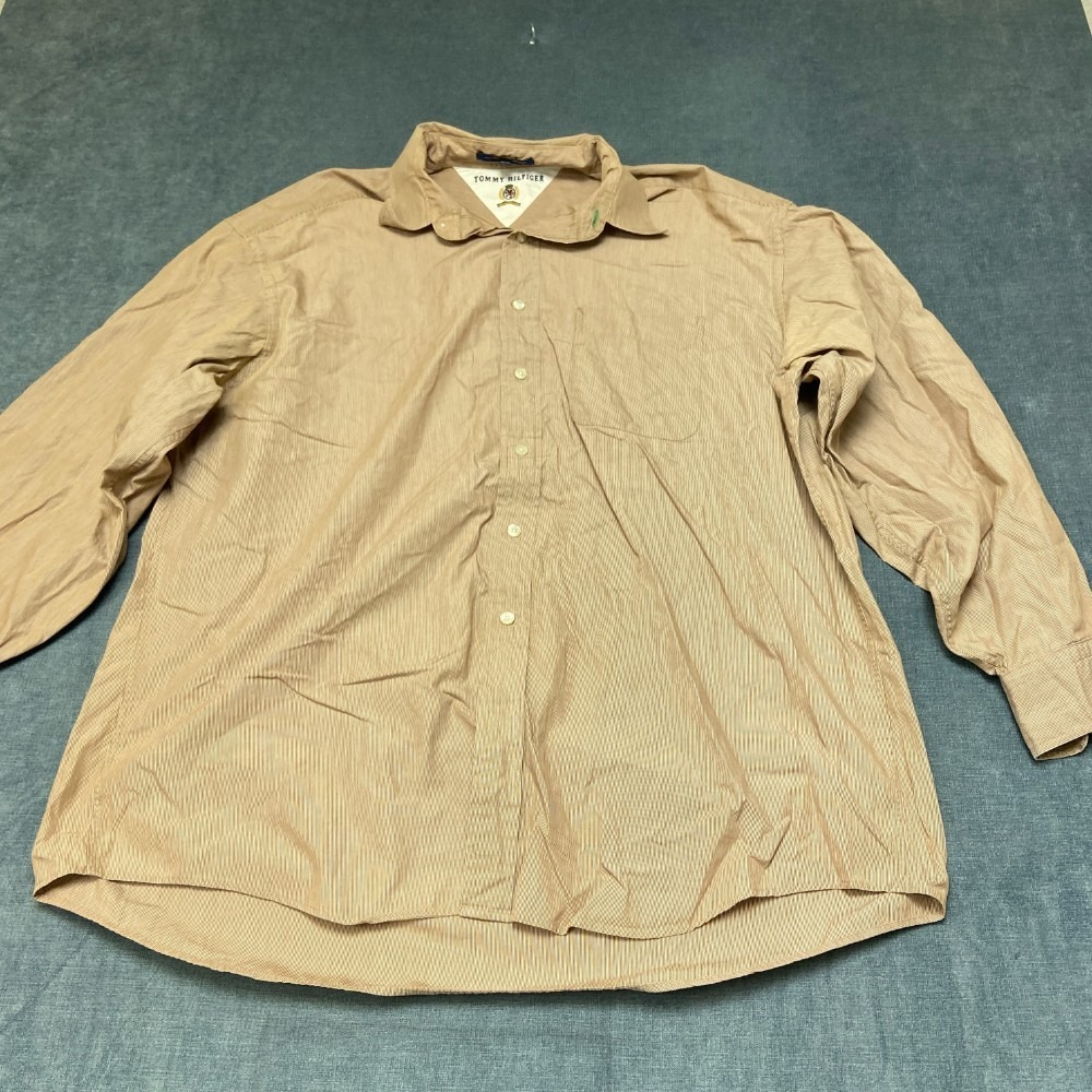 Tommy Hilfiger Dress Shirt Mens 17.5 34-35 White Brown Striped Business Wear